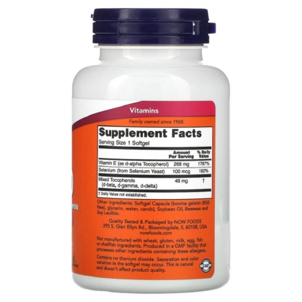 Витамин Е NOW E-400 D-Alpha Tocopheryl 250 softgels 